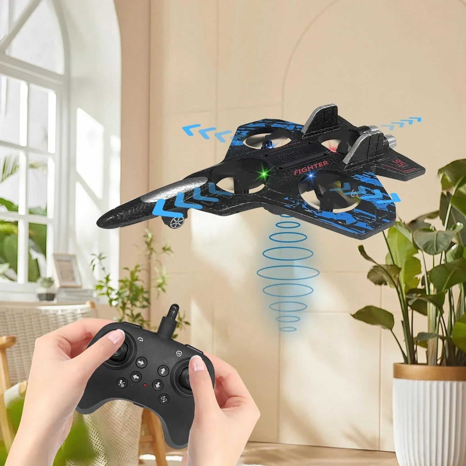RC Airplane/Jet with Lights 2.4 GHZ | Beginner Remote-Control Jet Plane for Kids & Adults | One-Key Takeoff, Rechargeable Battery, Stunt Mode, Indoor/Outdoor Toy